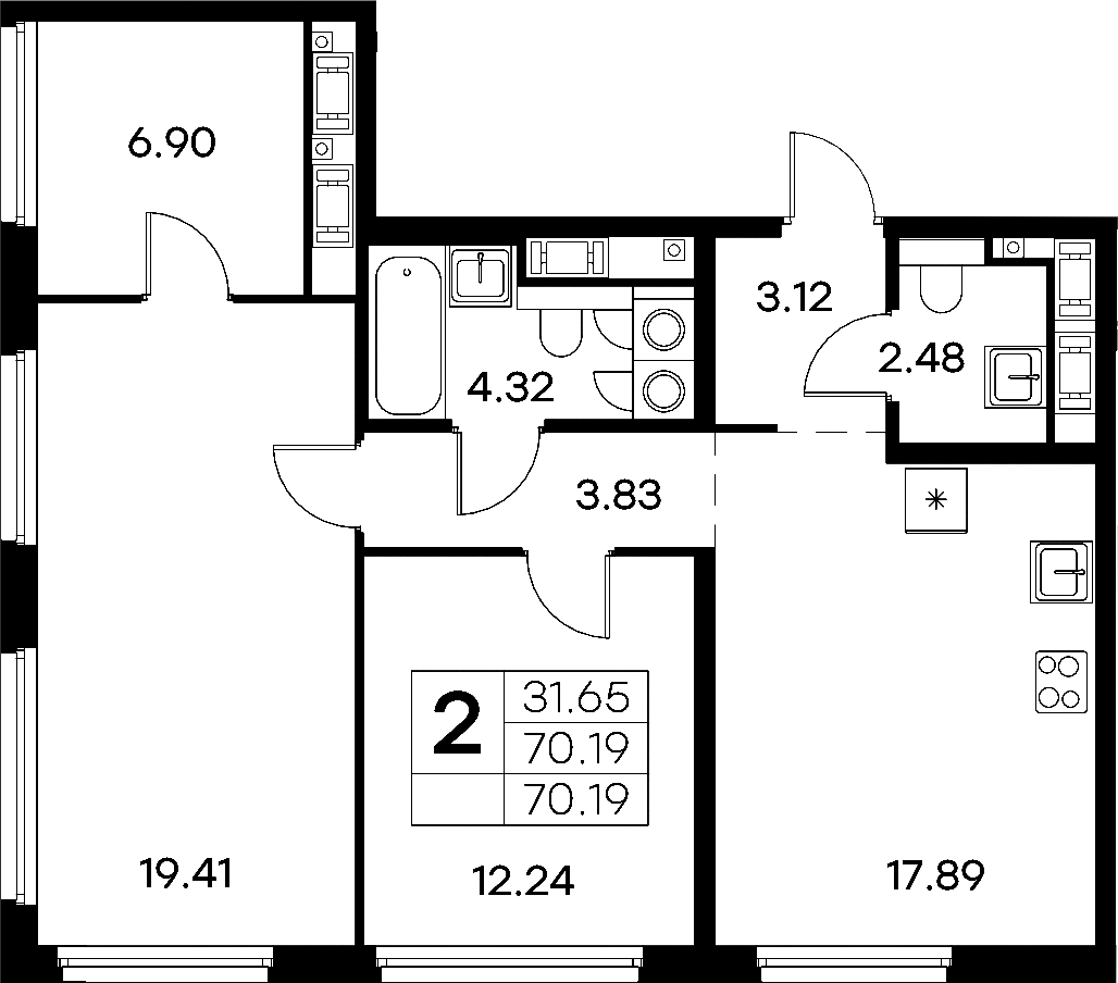 2-комнатная квартира 70.19 м², 16/18 эт., ЖК «Glorax City Василеостровский»